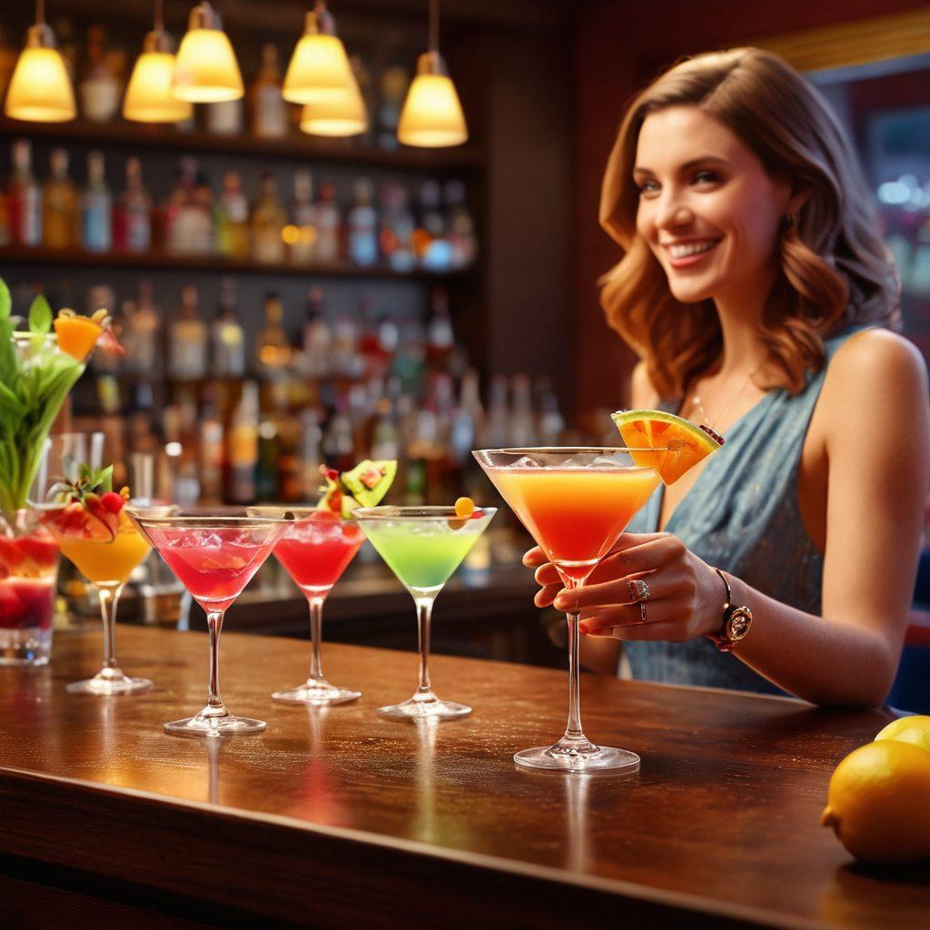 A vibrant bar scene showcasing a mixologist skillfully crafting a colorful martini cocktail, surrounded by cheerful patrons toasting with their drinks. Bright fruit garnishes, sparkling glasses, and playful decoration elements evoke a joyful atmosphere. Warm, inviting lighting adds to the ecstatic mood of the occasion. super-realistic. vibrant colors. 3D.